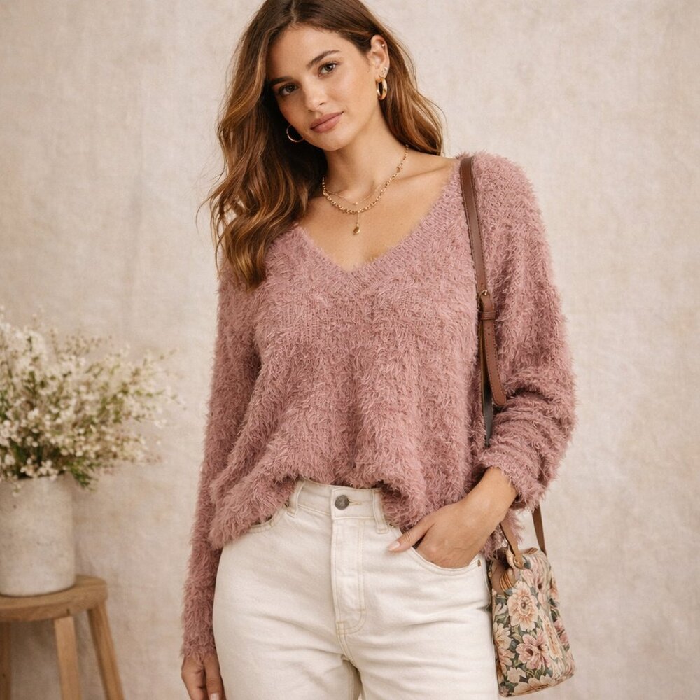 Cozy Pink V-Neck Fluffy Boxy Soft Sweater size M